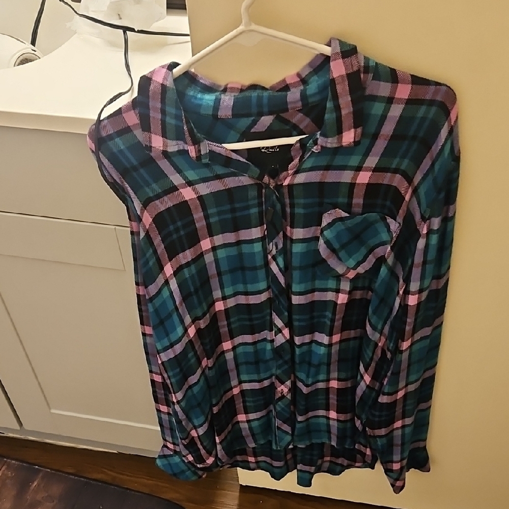 Plaid Button-Up Shirt in Blue and Pink
